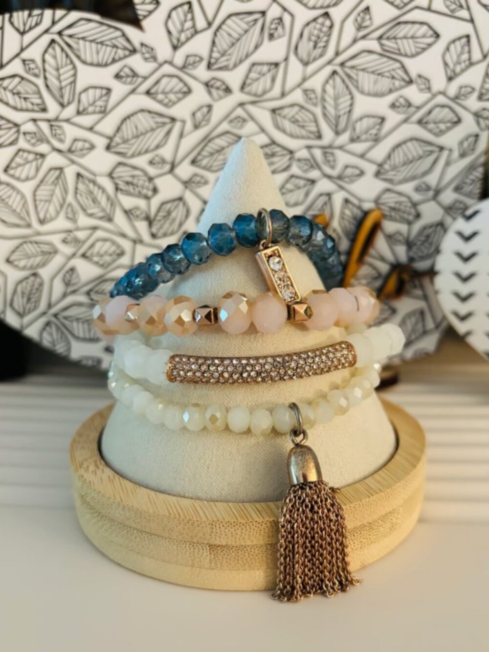 Bomb Party vintage stack with peach, blue, pearly white on rose gold